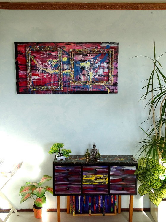 Quadro astratto con motivi di gatti e cani, CB, Dipinti e disegni, Legno, MDF, Rosso, Abstract (foto 15 di 15)