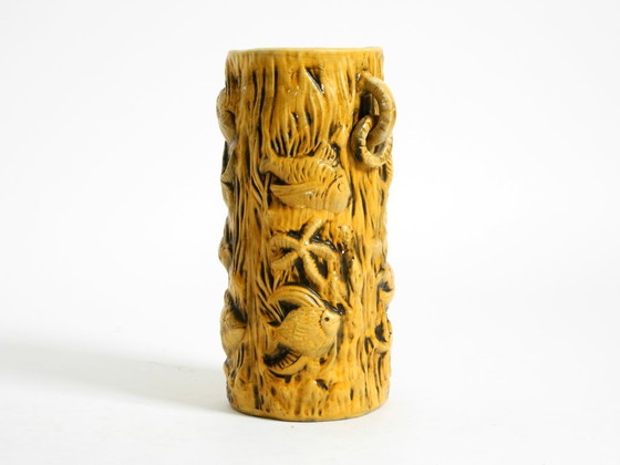 Image 1 of Beautiful large handmade glazed ceramic floor vase, handled vase with maritime fish and starfish motifs | Mid Century Modern