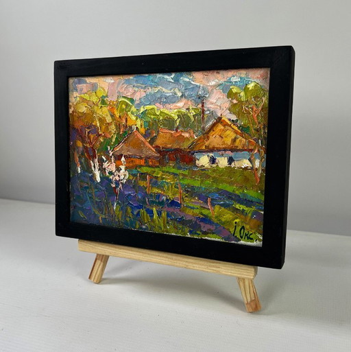 Original Oil Painting Evening Village Landscape Light and joy in every breath of air