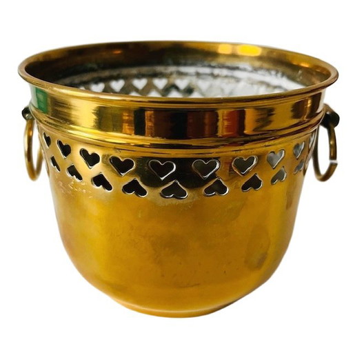 Vintage brass gold flower pot with hearts 1950s
