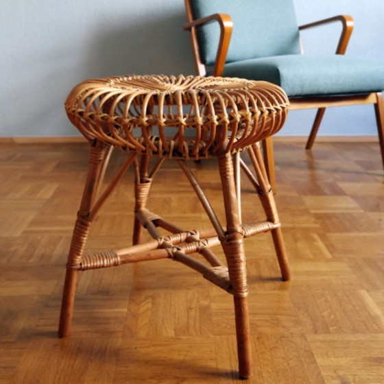 Image 1 of ❤️Vintage rotan krukje, cultureel meubilair uit de DDR, midden van de 20e eeuw