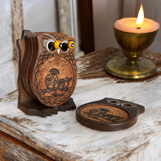 Image 1 of 6x Vintage Jaren 70 Onderzetters Uil - Bohemian Folk Art