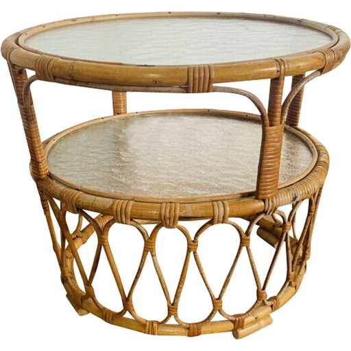 Vintage rotan en glazen salontafel voor Rohé Noordwolde, 1950
