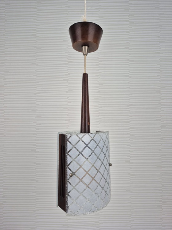 Mid-Century Pendant lamp in teak and embossed glass. Vintage lamp., Wood, Brown (photo 4 of 14)