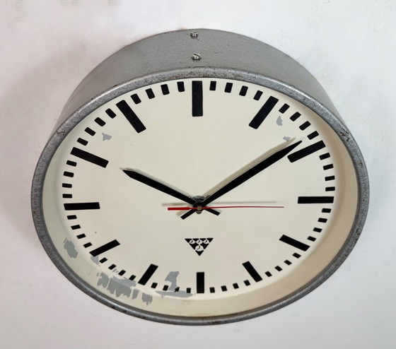 Image 1 of Industrial Grey Factory Wall Clock from Pragotron, 1960s