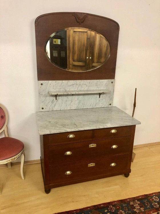 Image 1 of Jugendstil Kommode / Art Deco Kommode / Waschtisch / Schminktisch / Spiegelkommode mit Marmorplatte und facettiertem Spiegel um 