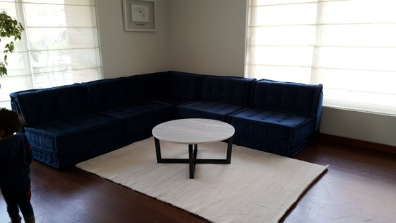 Donkerblauwe modulaire bank, Modulaire banken, Fluweel, Textiel, Modern (foto 4 van 10)