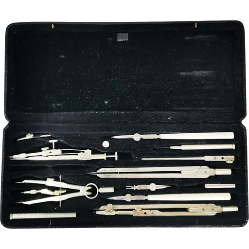 Conjunto de instrumentos de dibujo antiguos de Mellert, Alemania, década de 1950