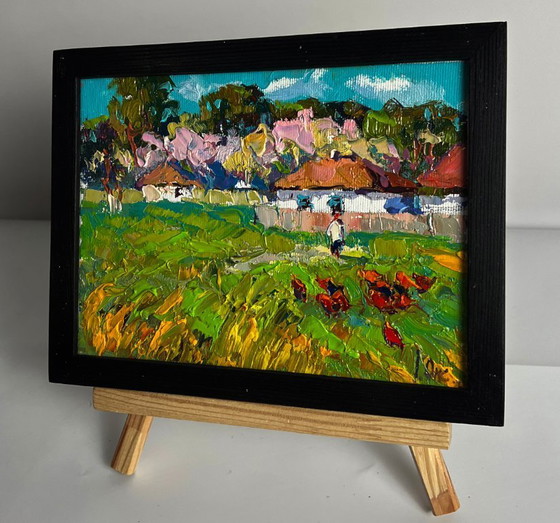Image 1 of Peinture à l'huile originale représentant un paysage rural, une rue et le parfum printanier du village