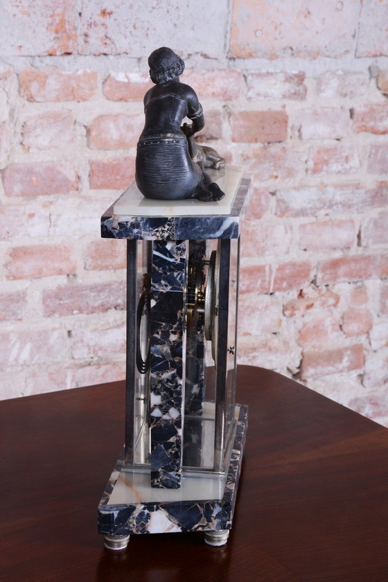 Restored Art Deco Fireplace Clock, Marble, Bronze, Glass, France. 1920s, Black (photo 13 of 15)