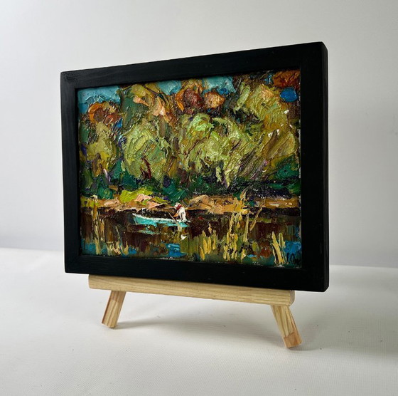 Image 1 of Original Oil Painting Coastal Forest Landscape Summer day by the river