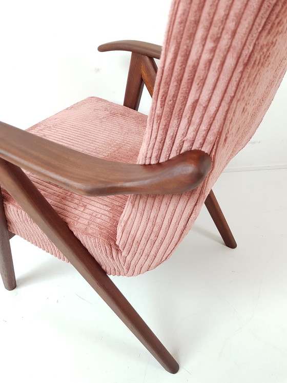 Image 1 of Vintage teak houten fauteuil | fauteuiltje roze nieuw