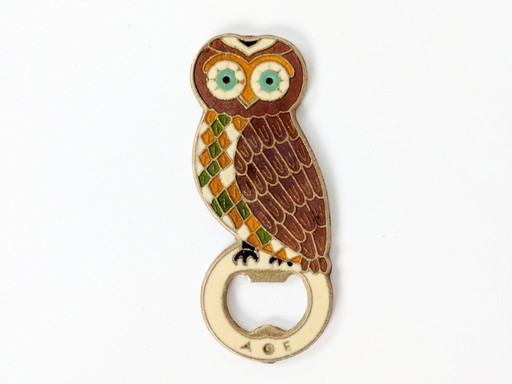 Abridor de botellas vintage griego de bronce esmaltado con forma de búho, años 80