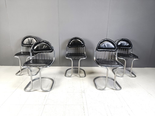 Chaises de salle à manger cantilever en chrome et cuir, 1970S