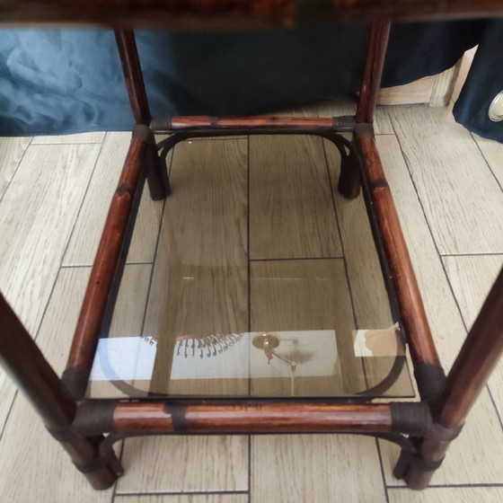 Image 1 of Rattan and Glass Bedside Table
