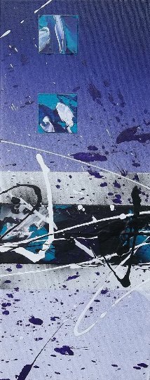 Quadriptych Contemporain Du Peintre 2LUSS'ART, Large Format 163x60 cm : Voyage Artistique en Mauve et Bleu, Mixed Media