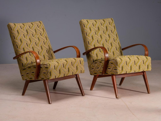 Restored Bentwood Armchairs by Jaroslav Šmídek, Pair, Czechoslovakia, New Beige & Yellow Upholstery, 61 × 82 (photo 3 of 7)
