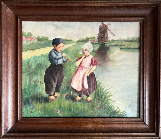 Period painting "Un air de pipeau devant le moulin" ("A pipe tune in front of the mill")