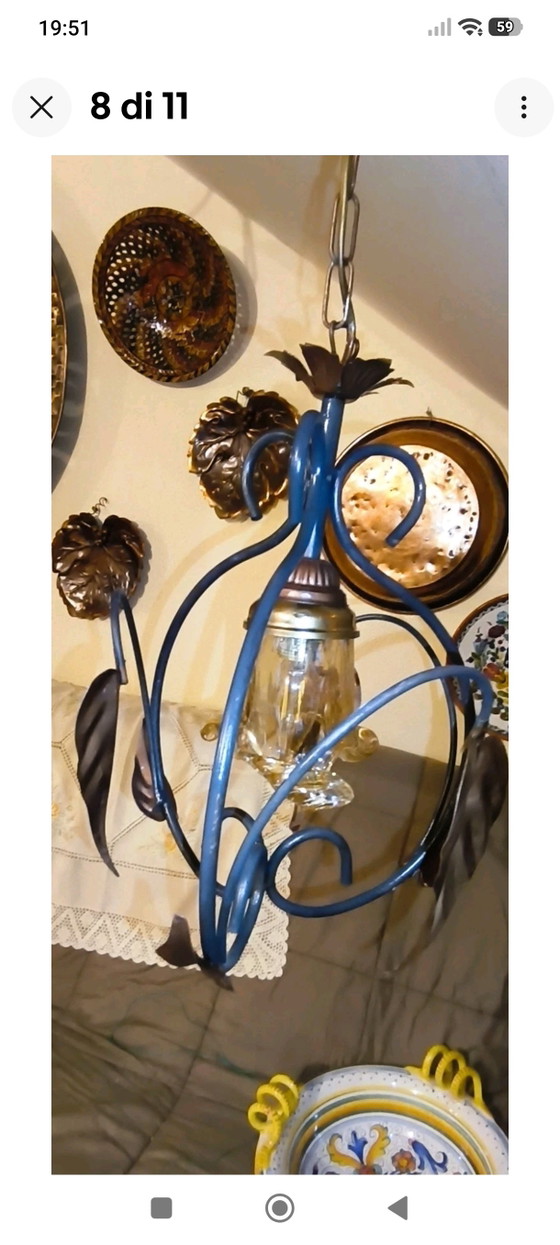 Vintage Wrought Iron Chandelier with Metal and Glass Leaves, Rustic Suspension – Pendant lamps (photo 8 of 11)