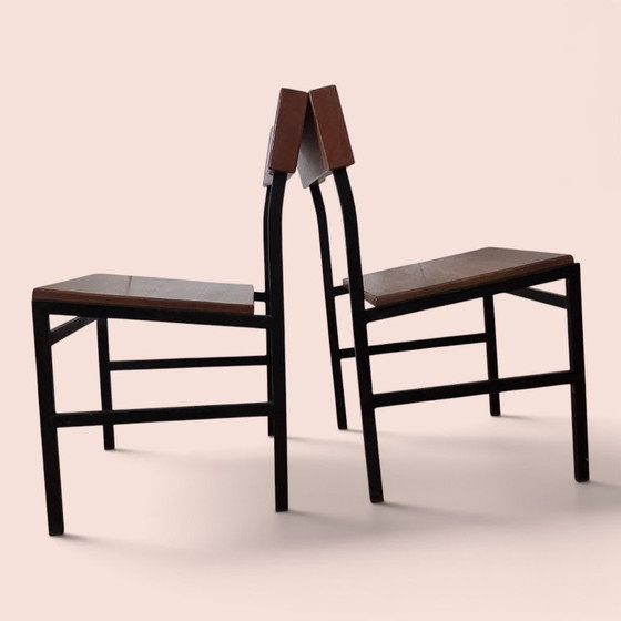 2 Nordic (Deens) Vintage Teakhouten Stoelen, Zwart Frame En Teakhout – Eetkamerstoelen, Wood, Iron (photo 6 of 7)