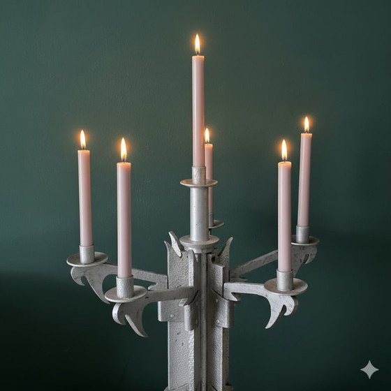 Image 1 of Unique large vintage brutalist aluminum candlestick — attributed to Helmut Schluter — 7 candles — Germany - Handmade