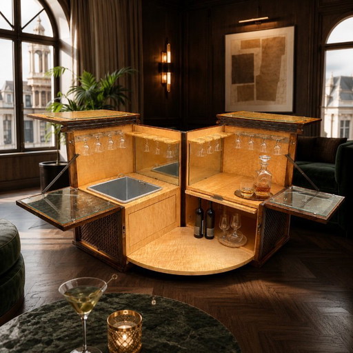 Raro mueble bar transformable/barra seca, Alemania circa 1950, con madera de arce ojo de pájaro y herrajes originales.