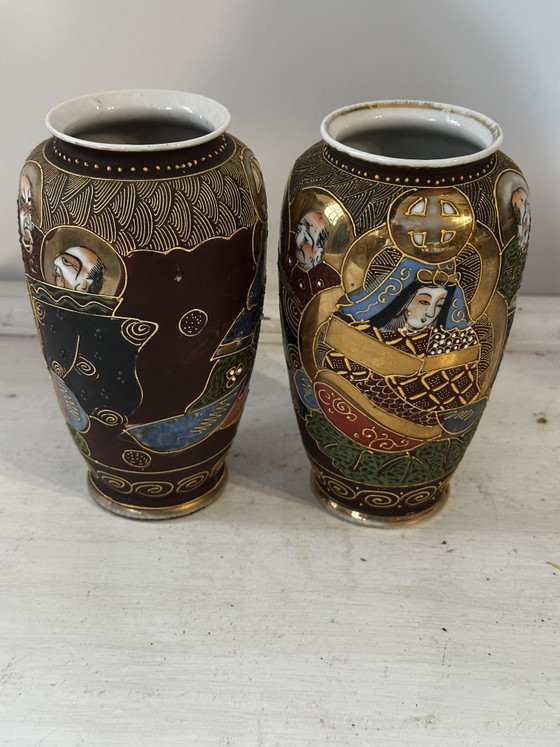 Image 1 of 2 Japanese Satsuma Vases, 16 cm high