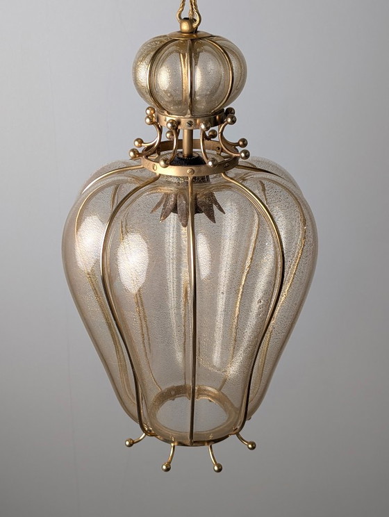 Image 1 of Handgeblazen lantaarn van Murano-glas van Barovier & Toso met 24-karaats goud en messing, jaren 60.