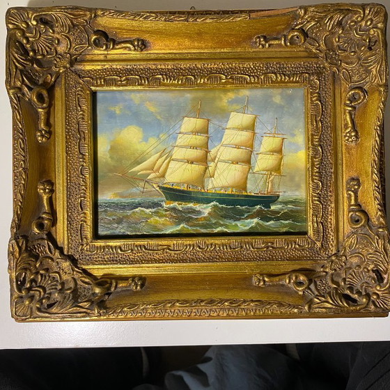 Image 1 of Paar britische Marine-Ölgemälde aus dem 19. Jahrhundert – G. Rowney-Karton – Goldrahmen