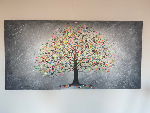 Monika Spiewak - Abstract kleurrijke boom in winterlandschap