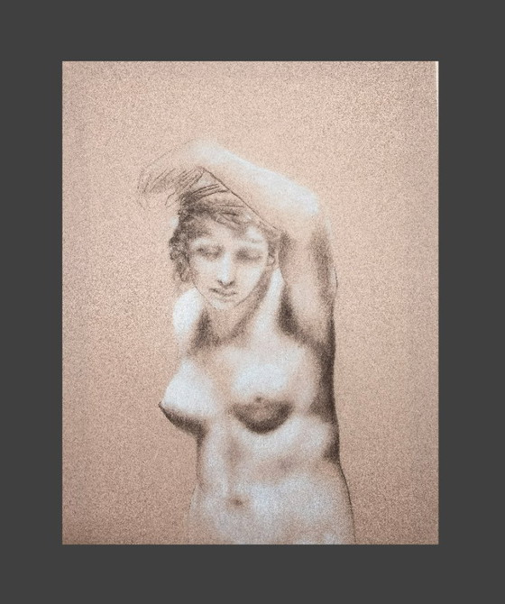 Image 1 of Hand-drawn copy of a work by Pierre Paul Prodhon. Hand-drawn copy of a painting of a female nude. Signed.