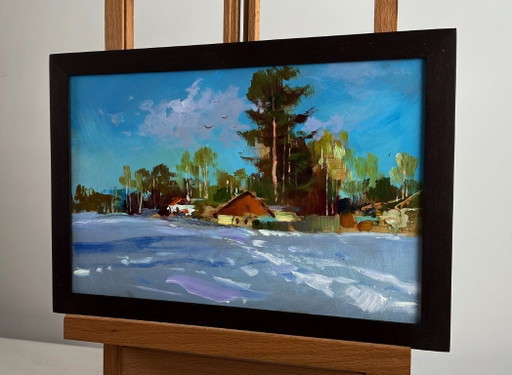 Original Oil Painting Frosty Houses Landscape Winter calm in the village