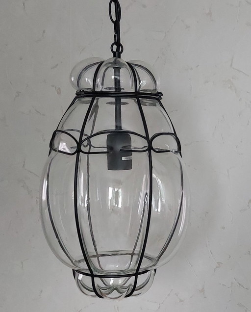 Lampe suspendue vénitienne, soufflée dans une cage en fer, Murano,