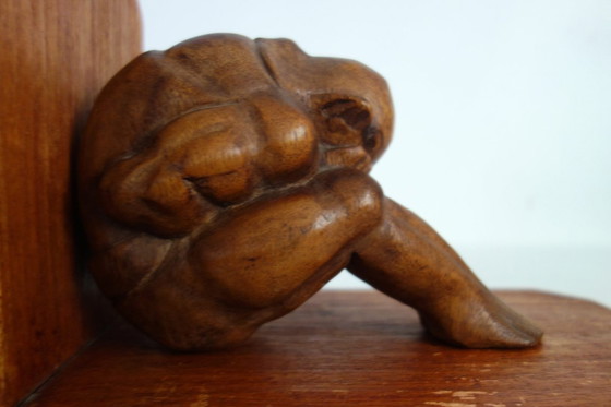 Image 1 of Vintage wooden bookends, weeping Buddha