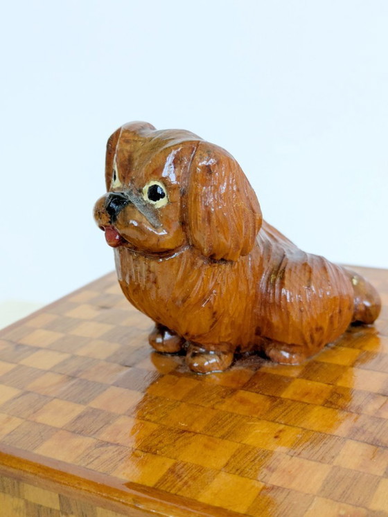 Image 1 of Midcentury Handmade Wooden Trinket Box, Dog Figurine Lid Checkered Pattern, Quirky Decor