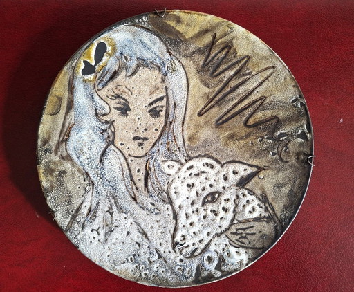 Grande piatto decorativo firmato Marius Bessonne a Vallauris, circa 1955-1960, pezzo unico.