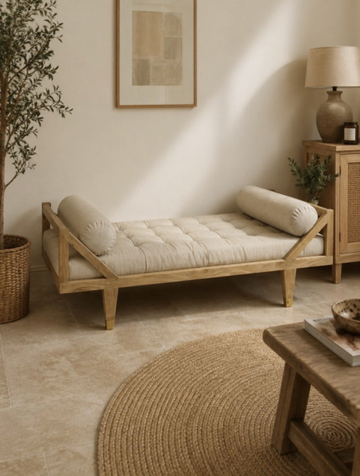 Banquette lit d’appoint style campagne chic lin écru beige capitonnée et bois