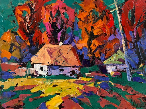 Original Oil Painting Evening Village Landscape Autumn is knocking on the windows