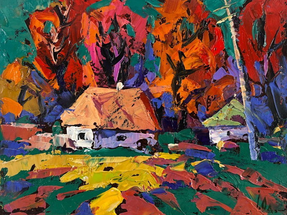 Image 1 of Original Oil Painting Evening Village Landscape Autumn is knocking on the windows