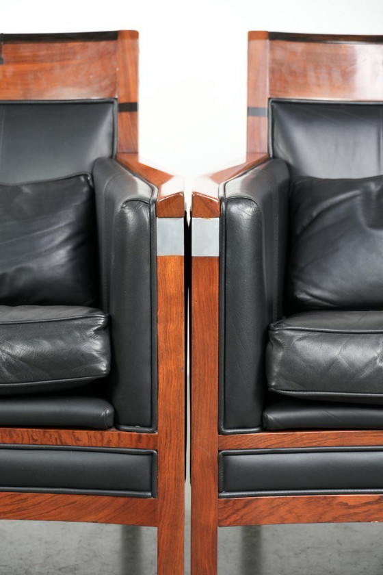 Image 1 of Black leather set of 2 Art Deco Schuitema design armchairs in good condition