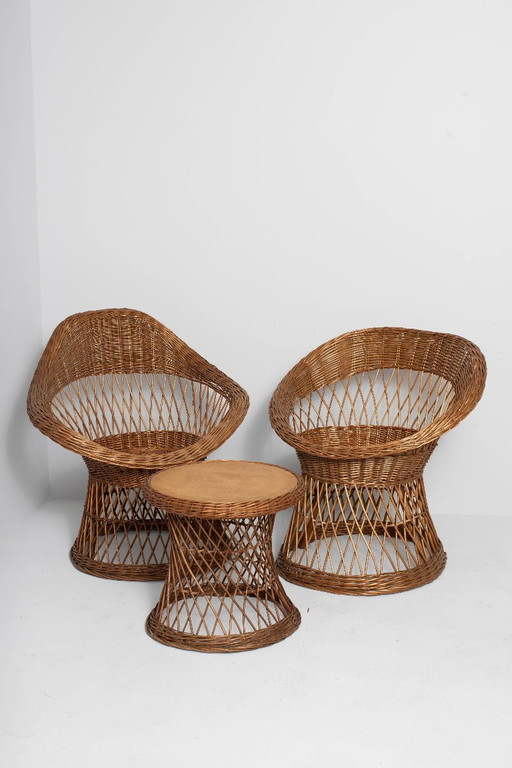 Vintage rotan lounge set – 2 fauteuils + bijzettafel – jaren 60/70 – Wicker