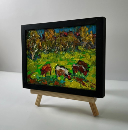 Original Oil Painting Summer Nature Landscape Cows Are Grazing In The Meadow – schilderijen tekeningen, Canvas (photo 2 of 8)
