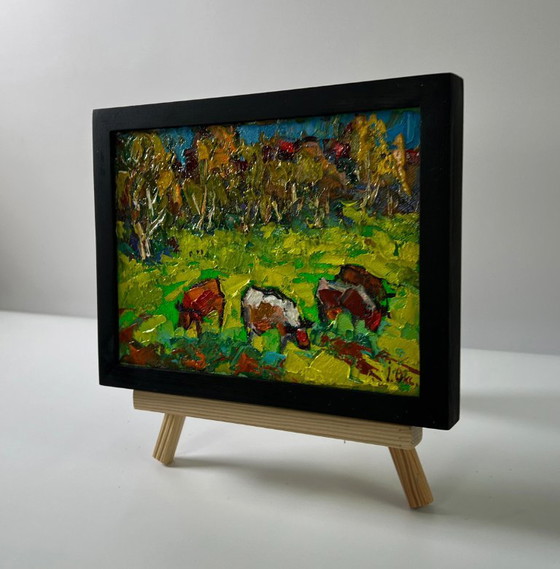 Original Oil Painting Summer Nature Landscape Cows Are Grazing In The Meadow – Paintings & Drawings, Canvas (photo 2 of 8)