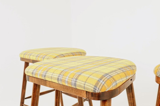 Image 1 of Mid century modern bar stools yellow tartan plaid wool rustic wood set of 3