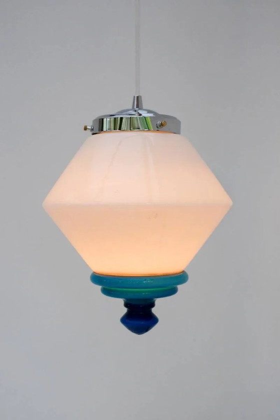 Image 1 of Suspension Art déco scandinave en verre opalin avec détails bleu azur, années 1930