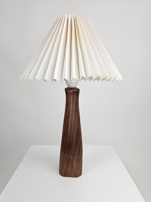 Danish table lamp teak with white shade fabric