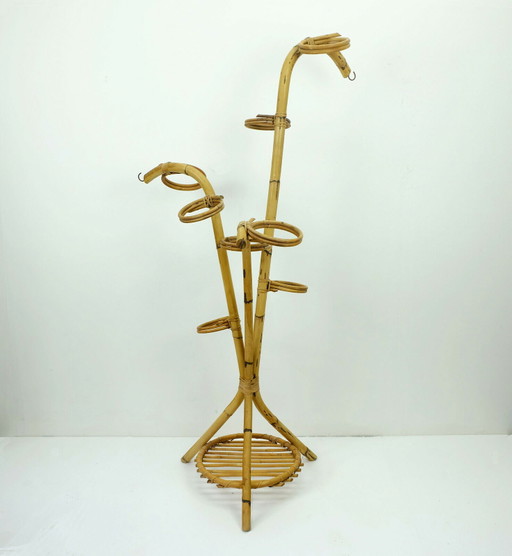 grand cache-pot bambou rotin 1950s hawaii tiki