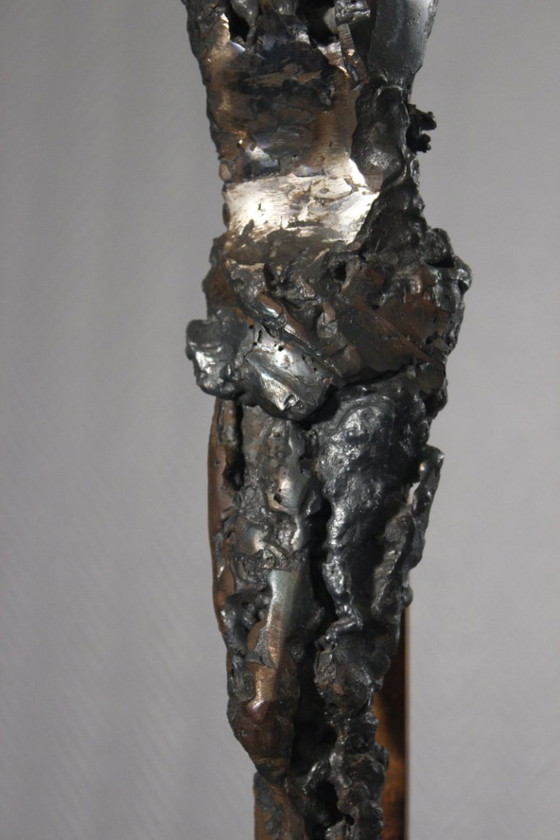 Image 1 of Brutalized crucifixion sculpture in welded iron, bronze, and copper, 1970s, signed