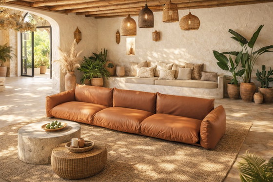 Image 1 of Splendido divano Marenco XL in pelle color cognac disegnato da Mario Marenco per Arflex Italia.