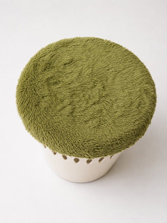Image 1 of Vintage EMSA Space Age Opbergkruk – 70s Ottoman met Groene Faux Fur – Retro Wasmand & Mid Century Storage Stool